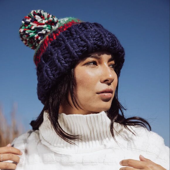 NWOT Free People Tide Stripe Knit Pom Beanie Navy